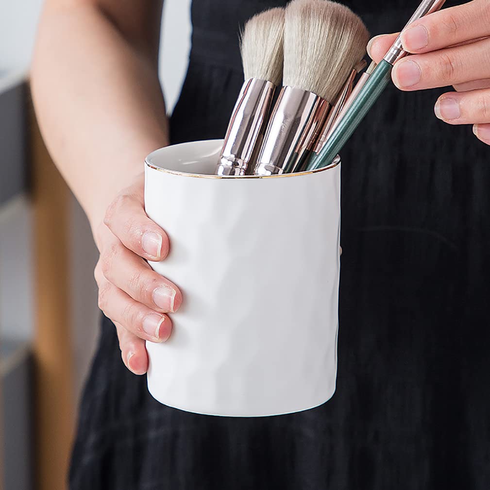 Aewill Ceramic Pen Holder Stand Cup Pencil Holder Organizer Makeup Brush Holders for Home Office Desk (White)