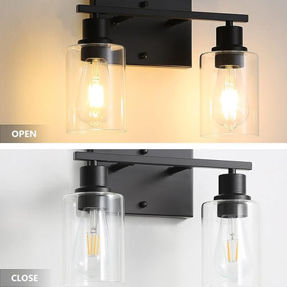 EMONG 2-Lights Bathroom Light Fixtures, Matte Black Vanity Light with Glass Shade, Modern Wall Sconces Lighting for Bathroom,Mirror,Farmhouse,Hallway
