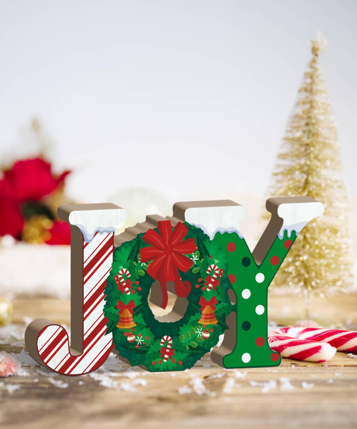 Putuo Decor Christmas Table Decor, Red Joy Christmas Letters Decorations Indoor with Wreath Candy Cane Pattern, Wooden Joy Christmas Sign for Home Fireplace Mantel Xmas Holiday Decor