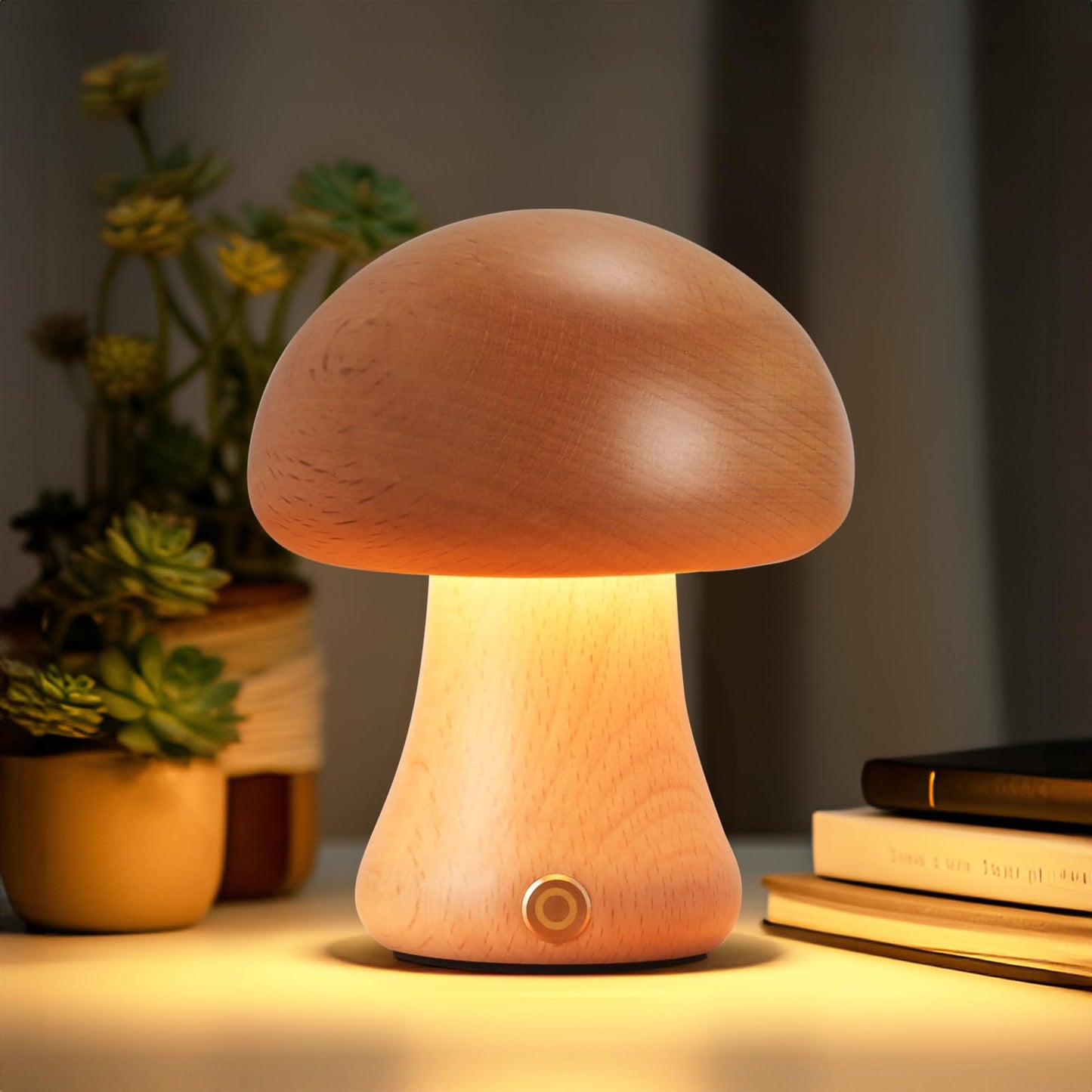 LONRISWAY Creative Wood Mushroom Table Lamp, Portable Cordless Small Lamp, Rechargeable Battery Operated Lamp,Stepless Dimming, Night Light for Birthday Gifts, Creative Home Decor Unique House Gift