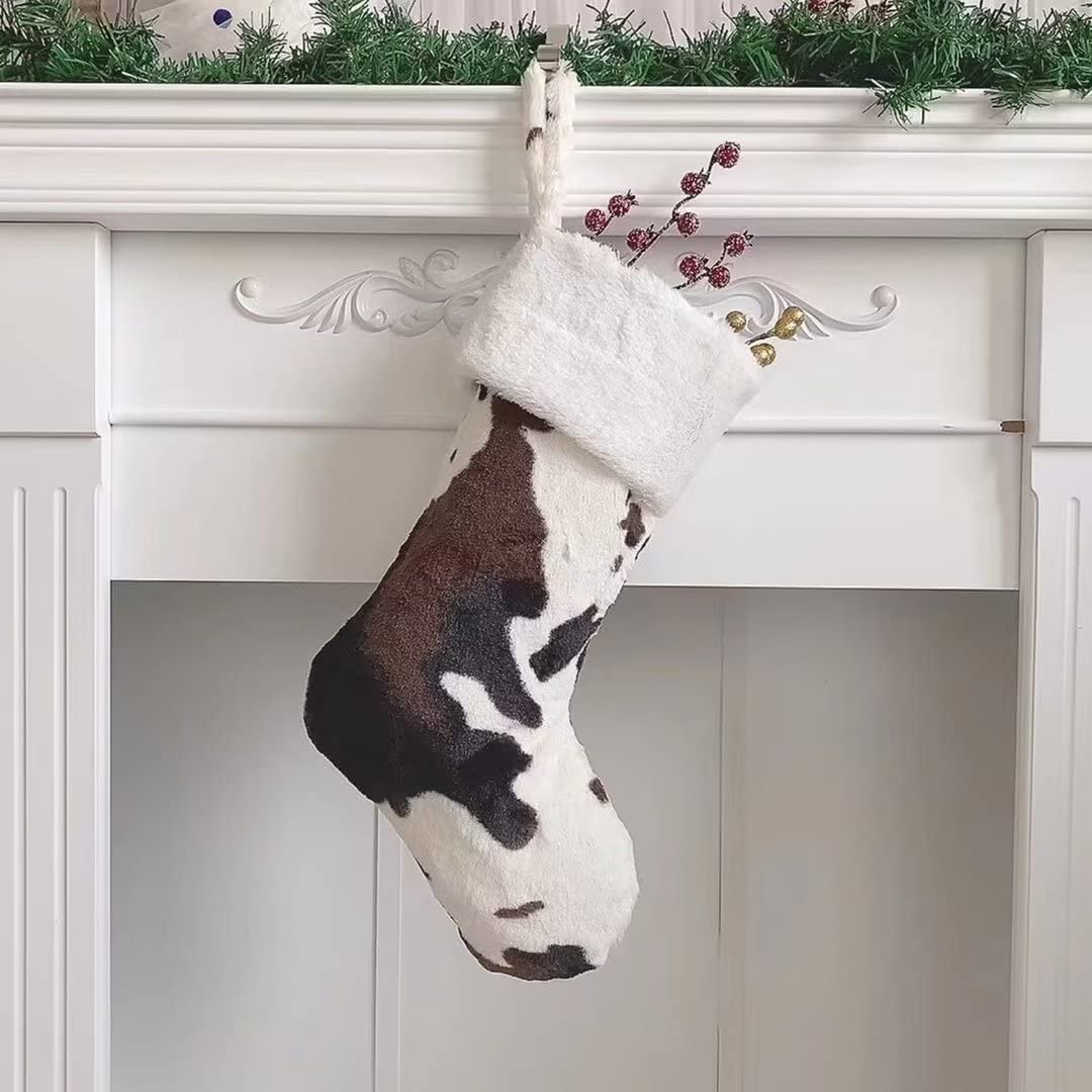 OLLULL Christmas Stockings, Cow Faux Fur Large Xmas Stockings Hanging Ornaments 2 Pack 20 Inch