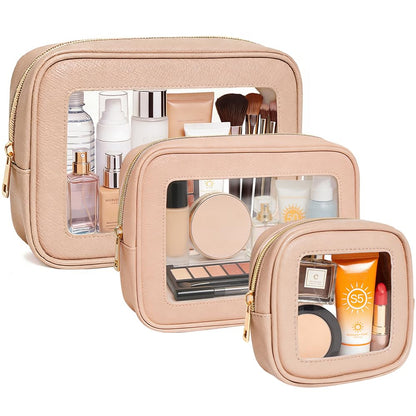 3Pcs Clear Makeup Bag Set for Women, Waterproof Travel Clear Makeup Bag Small Toiletry Bag Skincare Pouch Portable Travel Cosmetic Bag with Zipper Compact Car Organizer Bag for Essentials (Pink Set)