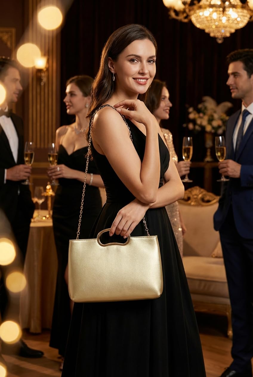 DETARA Clutch Purses for Women Cut Out Handle Clutch PU Leather Evening Bag Elegant Purse for Women Formal Wedding Party (Gold P032G)