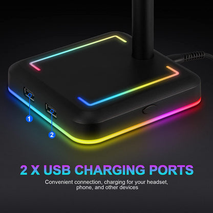 TEEDOR Headphone Stand, RGB Gaming Headset Holder with 2 USB Charger Ports & 10 Lighting Modes for Desktop PC Game Earphone Accessories