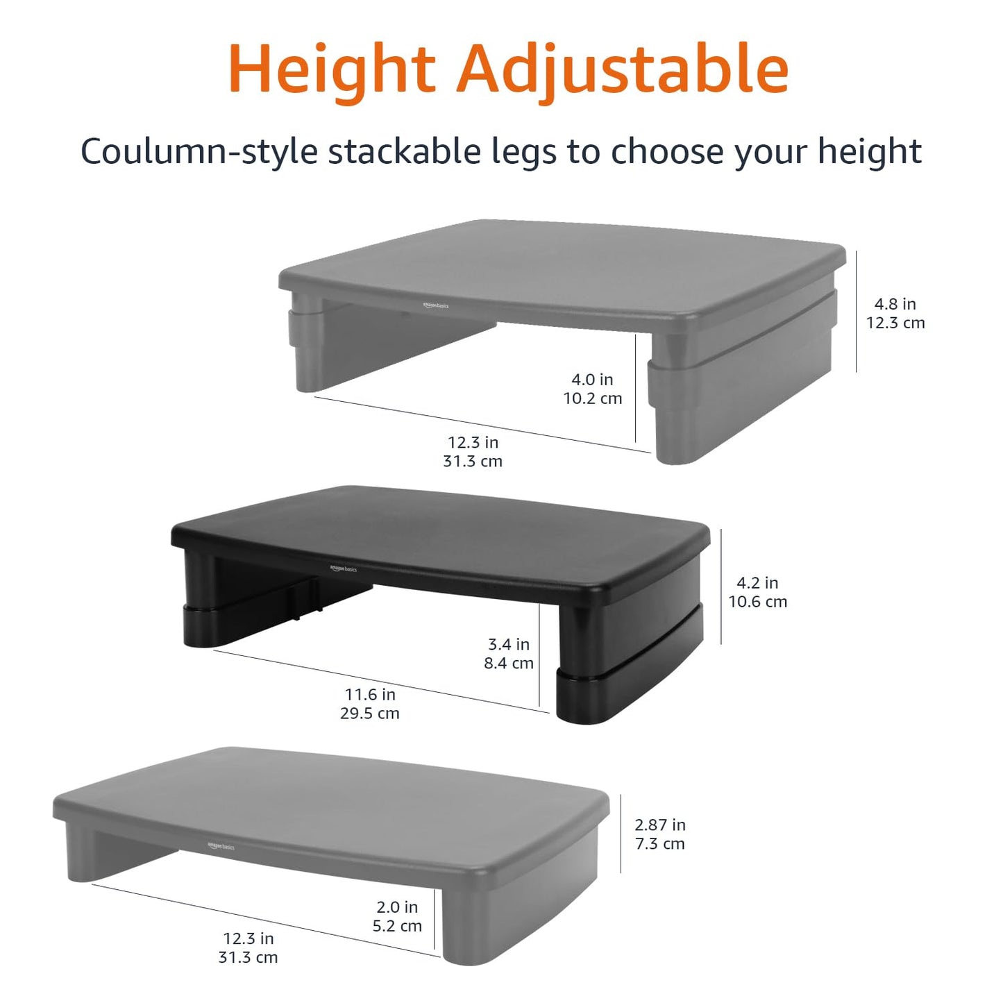 Amazon Basics Height Adjustable Monitor Stand Riser with Storage Organizer, Multifunctional Desk Accessories for Reduced Neck Strain - Fits Monitors, Laptops Up to 22lbs, Black