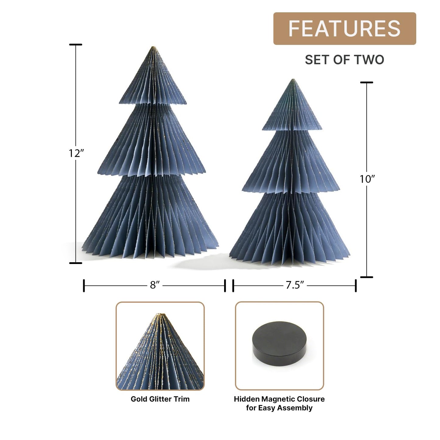 LampLust Paper Christmas Tree Decor, 2 Pack Dusty Blue Honeycomb Paper Trees, 10" & 12", Blue Decor, Winter Wonderland Decorations, Winter Table Centerpieces, Winter Decorations, Mini Ornaments