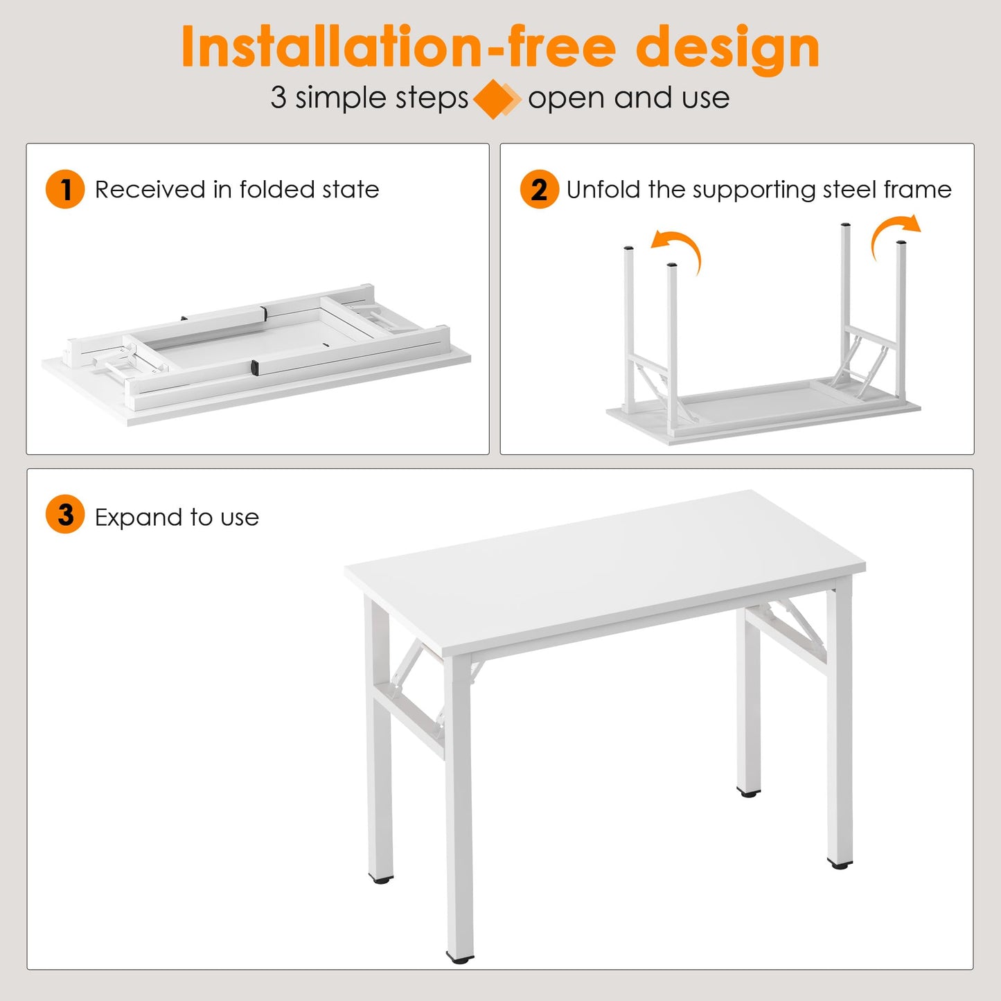 Need 31.5 Inch Folding Computer Desk for Small Spaces, White Study Foldable Writing Table for Home Office, Bedroom, Dorm Room & Student, No Assembly