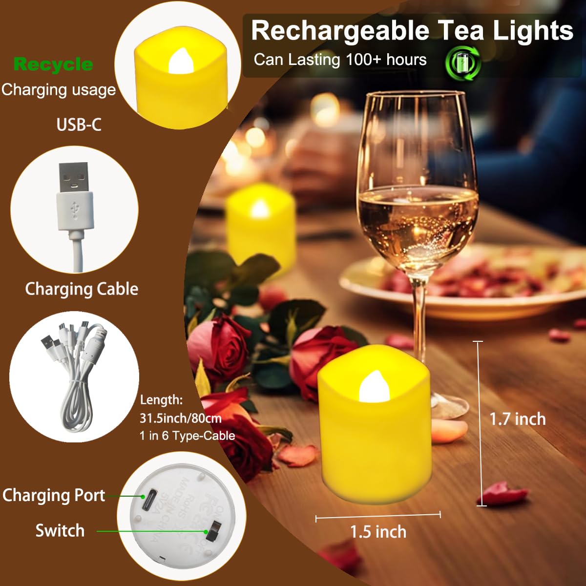 Jialine 12 Pack Rechargeable Battery Tea Lights with Remote Timer, Realistic Flickering Flameless Votive Led Tea Lights Candles, USB Tealights Candles for Halloween Wedding Christmas Home Décor