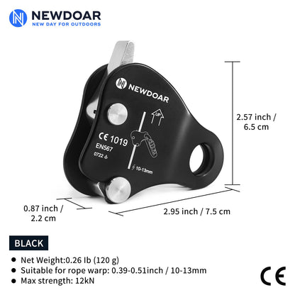NewDoar Rope Grab Ascender 12KN Riser Adjuster Fits 10mm-13mm Rope for Rocking Climbing Protection Rescue (Black)