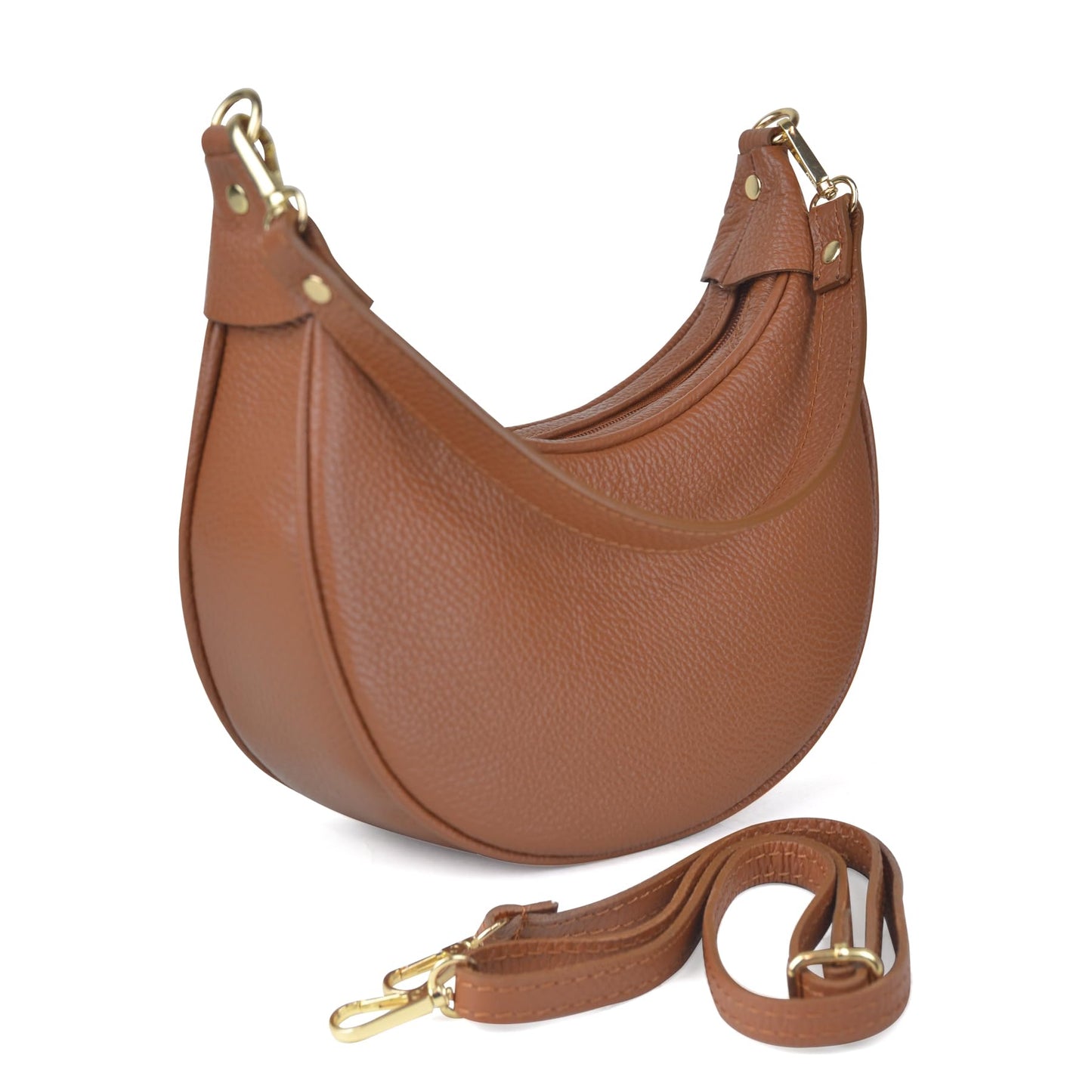 Italian Genuine Leather Crescent Hobo Bag for Women, Small Shoulder Crossbody Purse, Handbag with 2 Straps for Work Travel