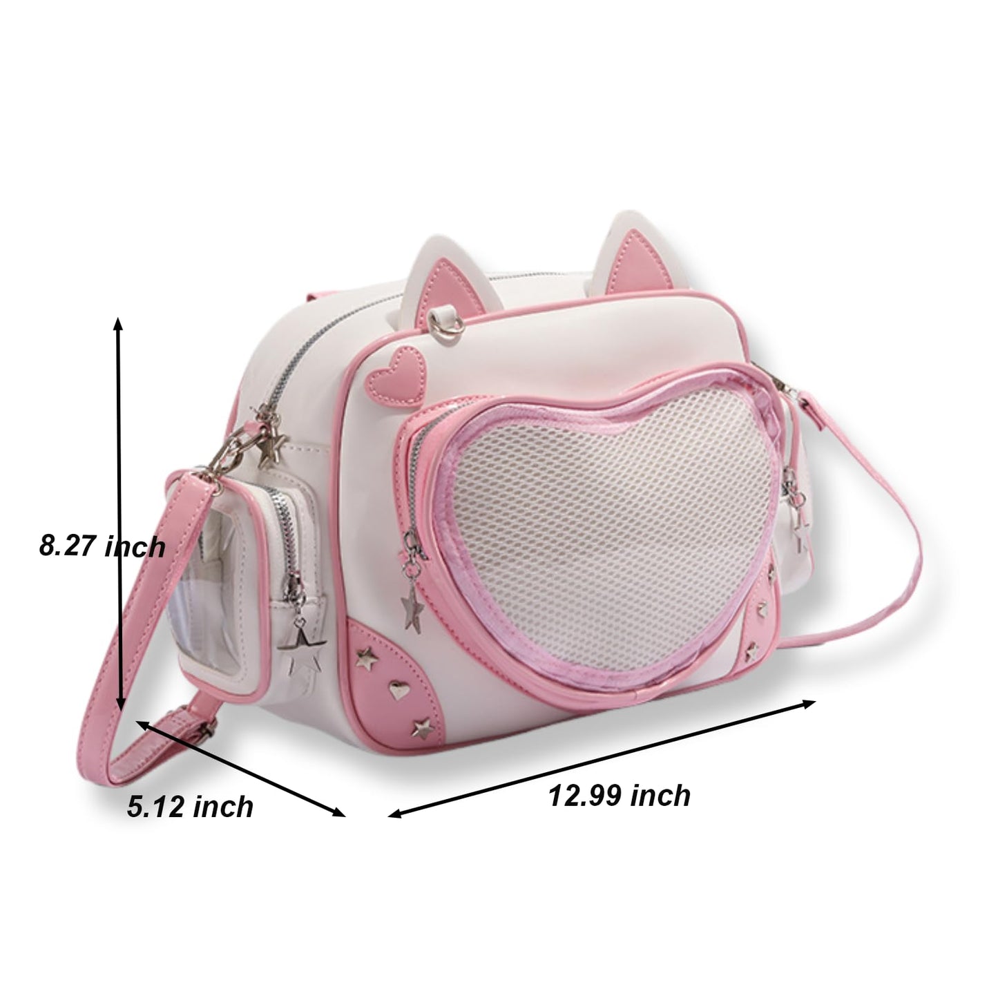 SUSTRALO Pink Cat Ita Bag Backpack with Insert, Kawaii Heart Clear Window Pin Display Backpack, Convertible PU Leather Ita Shoulder Crossbody Bag for Anime Collection