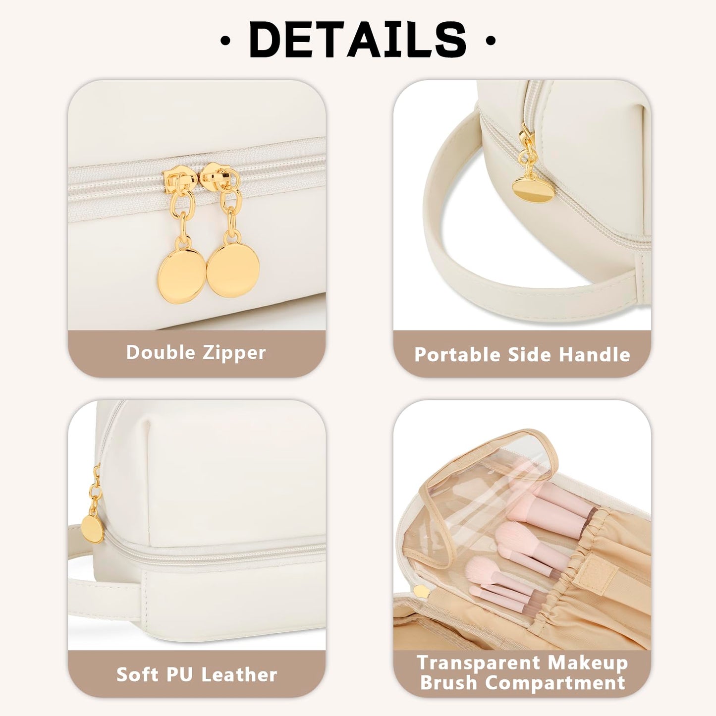 CLOUDWINGS Initial Makeup Bag for Women - Personalized Double Layer Cosmetic Bags with Makeup Brush Organizer, Hanging Travel Toiletry Bag with Large Capacity, Gifts for Mom Girlfriend Wife（Beige,T）