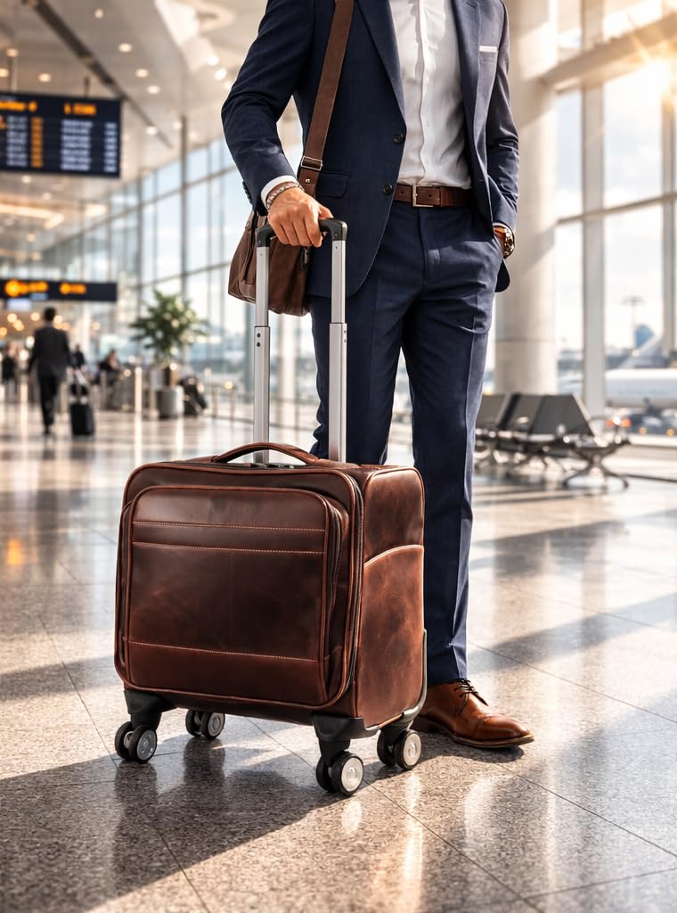 KomalC Leather Rolling Briefcase for Men – Wheeled Laptop Bag with 21” Trolley Handle, Premium Buffalo Leather Business Travel Case