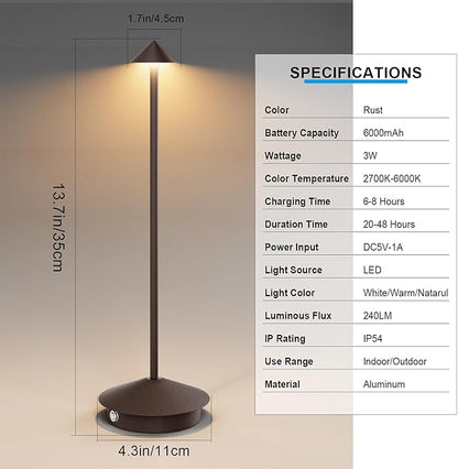2-Pack 6000mAh Rechargeable Led Table Lamp Cordless,3000K-6000K Stepless Dimming Touch Lamps with Memory Function,IP54 Waterproof Aluminum Table Light for Outdoor/Bars/Restaurant/Patio(Rust)
