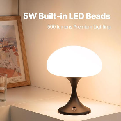 Mushroom Lamp, 5W LED Cordless Rechargeable Table Lamp with Glass Shade, Small Retro Dimmable Touch Light with 3 Color Temps, Aesthetic Mid Century Bedside Light for Bedroom Ambient, Black