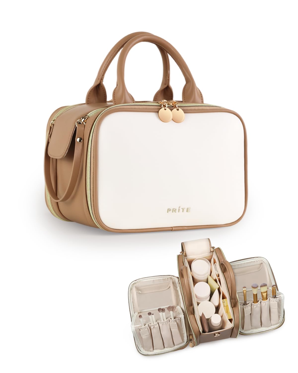 Prite Makeup Bag for Women, Large Capacity Waterproof Travel Cosmetic Organizer, Portable Open Flat Toiletry Bag with Free-standing Brush Holder and Handle(Beige Brown Large)