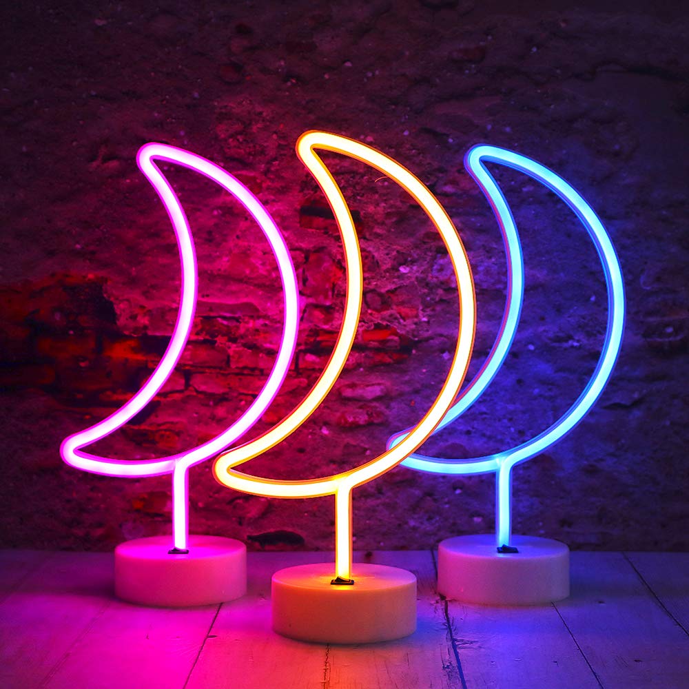 Vicila LED Neon Moon Lights, Moon Shape Neon Signs Crescent Night Lights Battery Operated Desk Table Lamp for Bedroom, Bar, Wall Decor-Holder Base(Pink)