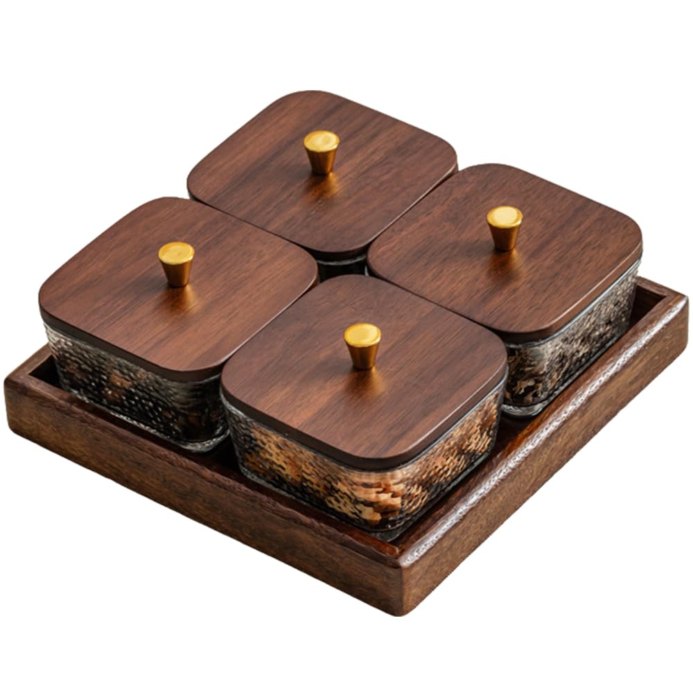 Square Glass Snackle Box Container Snack Organizer and Fruit Platter with Walnut Wooden Lids and Tray Divided Serving Tray for Nuts Candy Fruits (4 Jars)