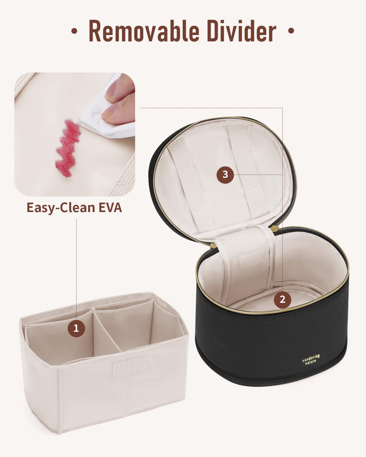 Wandering Nature Travel Makeup Bag for Women, Structured Vanity Case with Wipe-Clean EVA Interior & Removable Divider, Brush Loops, Fold-Flat PU Leather Makeup Case with Handle
