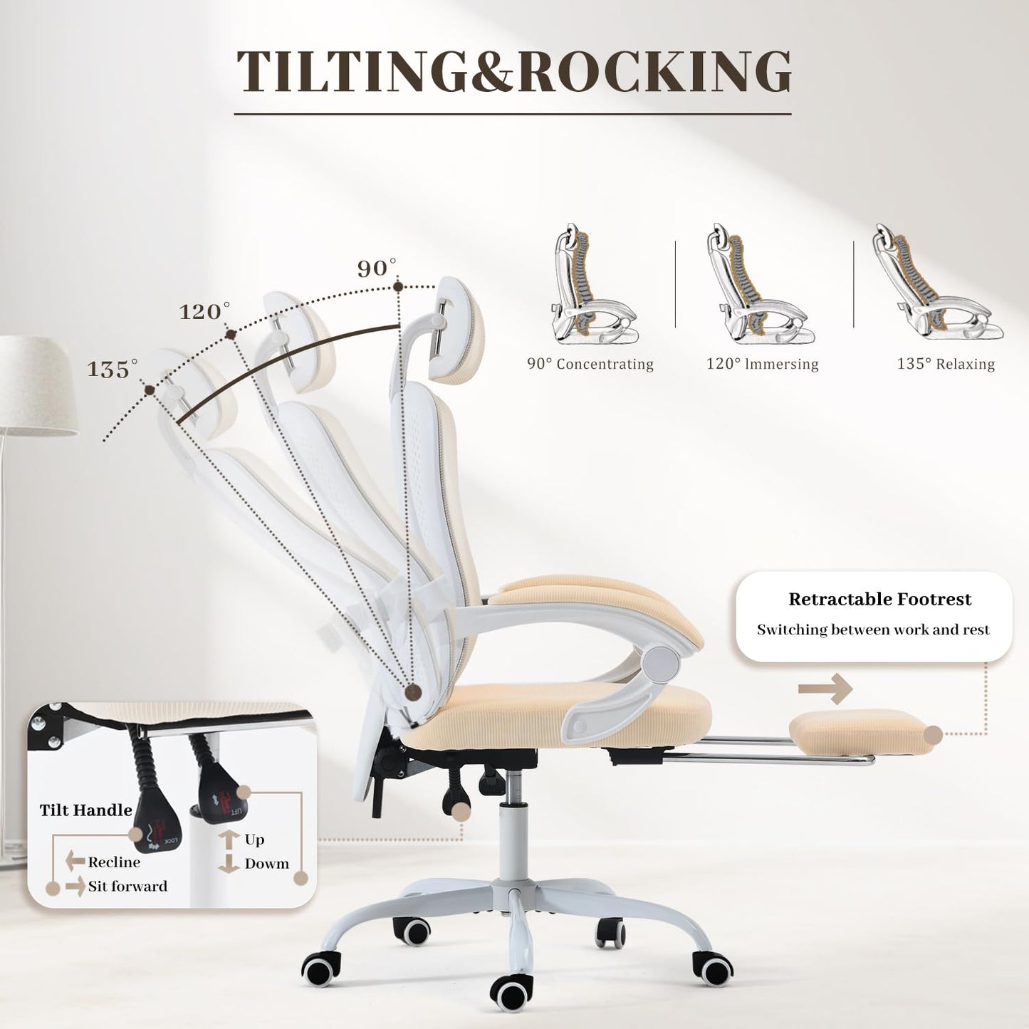 Ergonomic Office Chair with Retractable Footrest, 400LBS Capacity,Synchronized Armrest, Breathable Mesh, Adjustable Lumbar Support