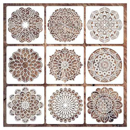 9 Pack Mandala Stencils for Painting,Reusable Paint Drawing Templates for Painting on Wood Floor Wall Canvas Tile Fabric,Creative Mandala Stencils for DIY Art Projects & Home Decor (12 inch)