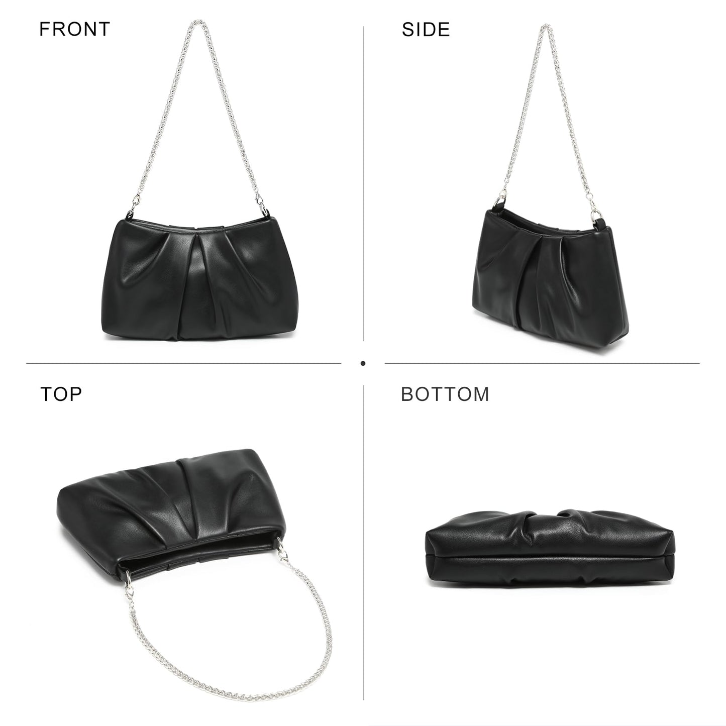 Dasein Elegant Pleated Evening Bag Soft Vegan Leather Clutch Purse Dressy Formal Handbag with 2 Chain Straps for Women (Black)