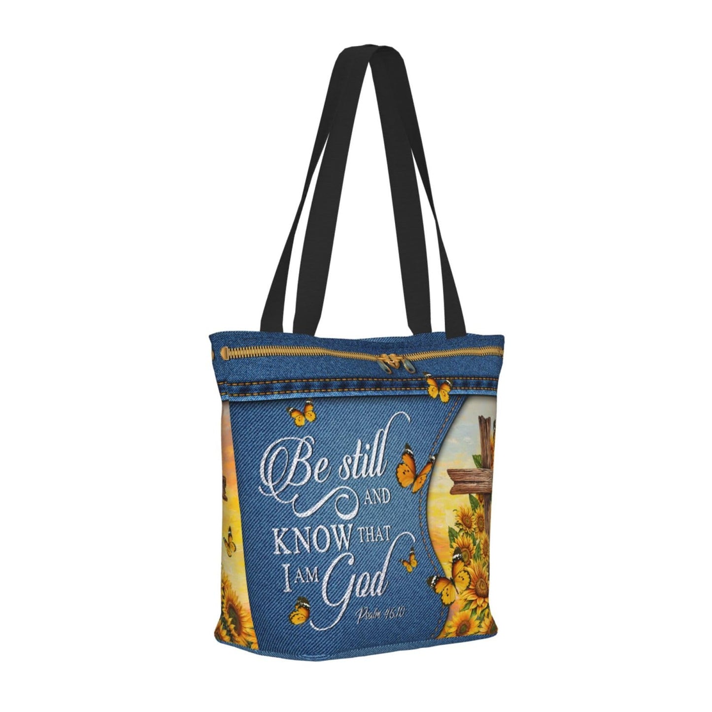 Sunflower Butterfly And Cross Bible Print Tote Bag Christian Gift Bible Women'S Handbag Christian Gifts Zippered Inspirational Tote Bags For Women Bible Verse Shoulder Bag Art Tote For Fit Work