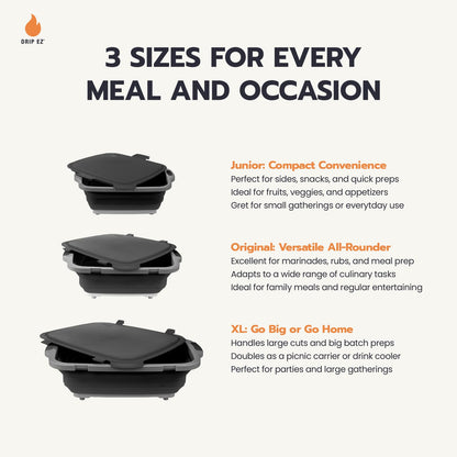 Drip EZ Collapsible BBQ Prep Tub - for Meal Prep Marinating Food Storage - Includes Cutting Board & Locking Lid - (1) XL - Black