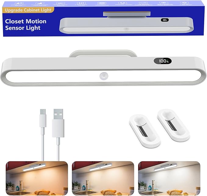 Under Cabinet Lighting Battery Operated 3000mAh Rechargeable,New Closet Motion Sensor Lights Indoor, Power Display 3 Color Temps Dimmable 300LM Magnetic Light Bar for Kitchen Counter(White)