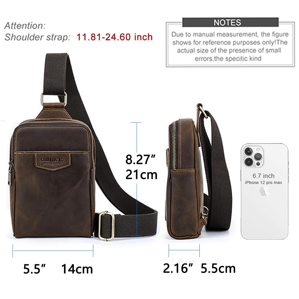 CONTACTS Full Grain Leather Sling Bag for Men Small Crossbody Chest Bag Casual Shoulder Daypack Travel Phone Purse Side Bag