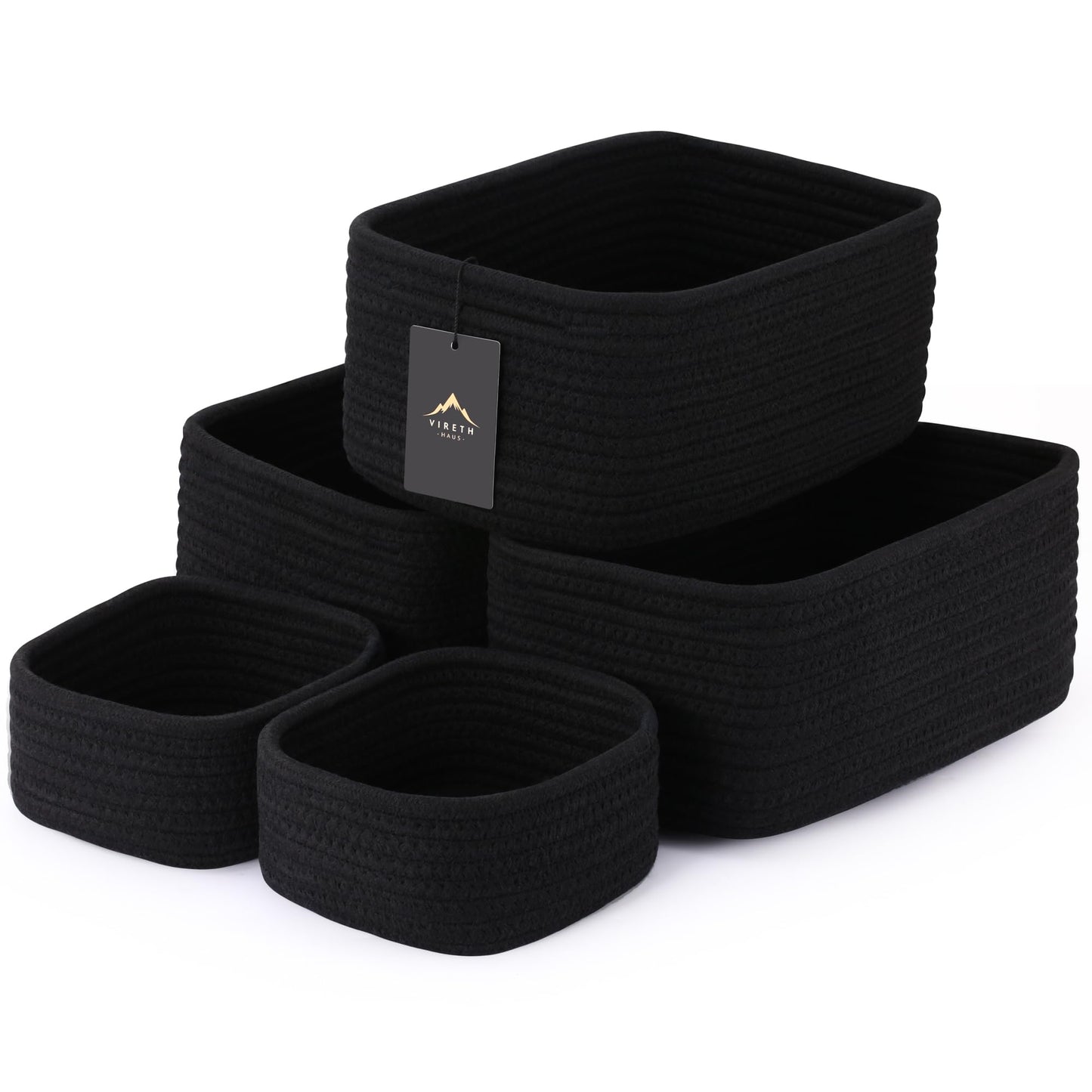 VIRETH HAUS 5-Pack Small Woven Rope Storage Baskets – 2 Sizes Organizer Bins for Closet, Shelf, Bookshelf, Nursery, Changing Table, Fabric Cube Boxes, Rectangular Shallow Bins for Bathroom, Toy & Home