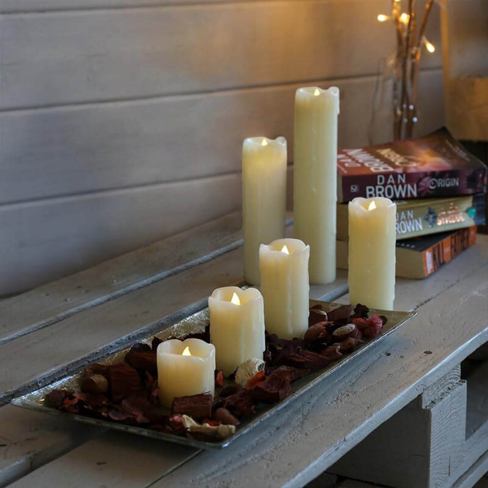 DRomance Flameless Flickering Candles Battery Operated(Battery Included) with 6 Hour Timer, Set of 6 Dripping Wax LED Pillar Candles Halloween Christmas Home Decor(Ivory, 2" D x 2"-9" H)