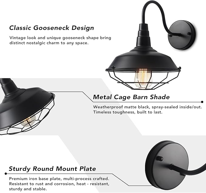 Outdoor Gooseneck Barn Light Fixture, Farmhouse Exterior Wall Sconce, Vintage Rustic Wall Mount Lamp with Metal Cage, Industrial Black Waterproof Lantern for Proch, Patio, Garage, Backyard, Warehouse
