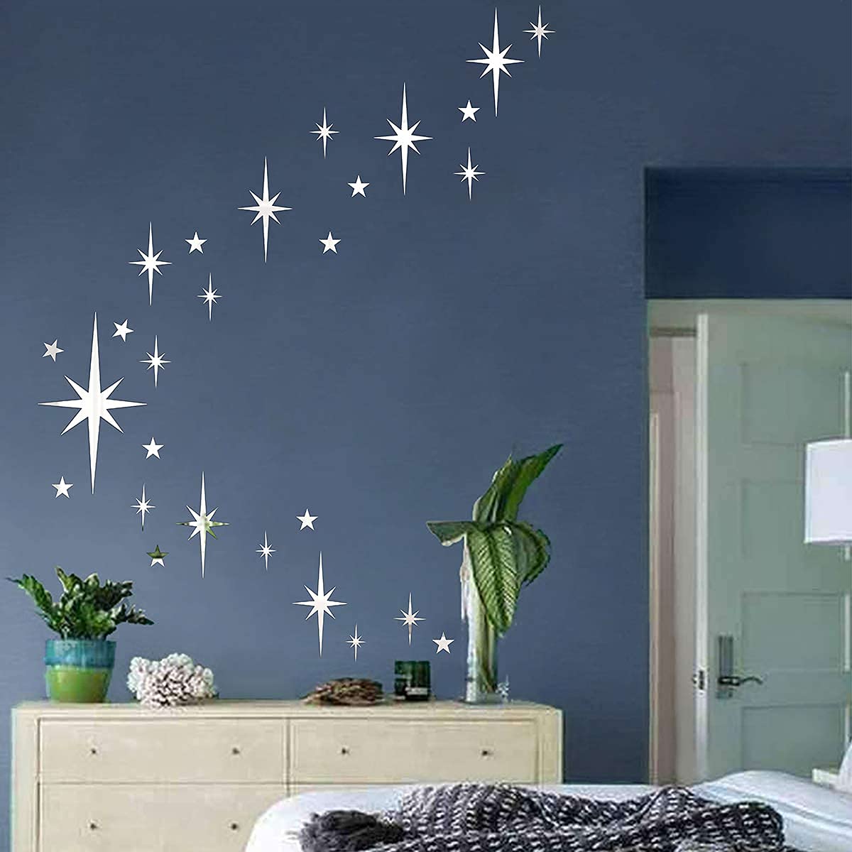 Easma Retro Starburst Mirror Wall Decals Silver 3D Acrylic Sparkle Wall Decors Star Walls Stickers Removable Stars Decals Bathroom Bedroom Living Room Home Walls Decors(123pcs)