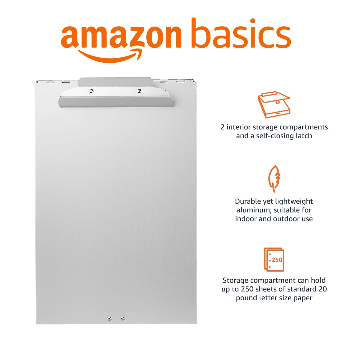 Amazon Basics Metal Clipboard with 2 Compartments, Letter Size, 250 Sheet Storage Capacity, Office Supplies, Silver, 14.09 x 9.21 x 2.6 inches