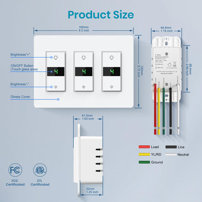 Milfra Smart Dimmer Switch 3Gang Digital Display Single-Pole 3Way Dimmer Smart Switch， 2024 New Model，Works with Siri, Alexa and Google Home，Voice and Remote Control，Neutral Wire Required