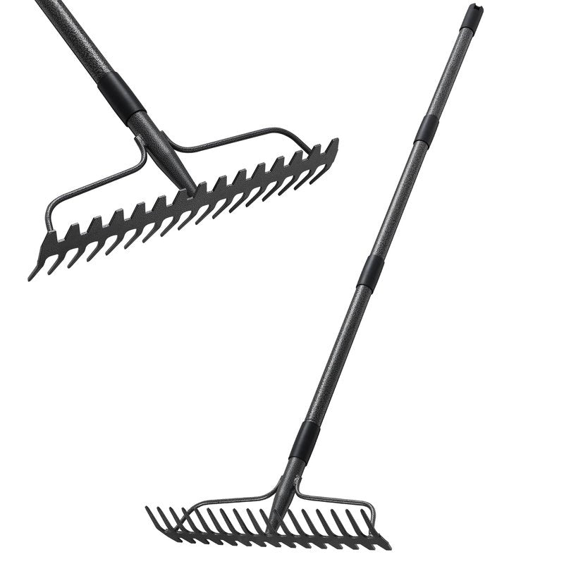 Bow Rake, Detachable Heavy Duty Metal Garden Rake for Loosening Soil, Leveling Lawn, Leaves Cleaning,63 Inch Long Handle Yard Rock Rake for Gardening,17 Prongs Leaf RakeThatch Rake for Lawn