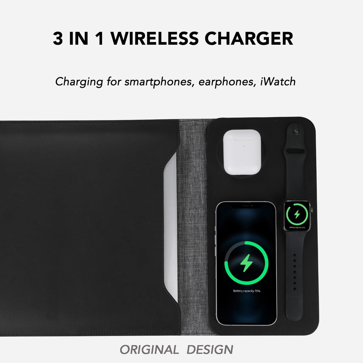 Gyanm 5-in-1 Laptop Sleeve with Wireless Charging for iPad MacBook Pro 12" 13" 14", Charge Mat for Phone Earbuds iWatch, Executive Office Organizer with Pocket, Waterproof Vegan Leather Case (Black)