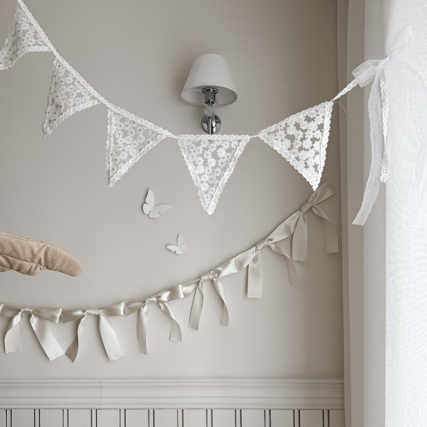 Eanjia Bow Knot Garland | 6ft Linking Satin Bow Banner with 3ft Extend Ribbon for Coquette Bachelorette Party, Baby Shower,Bridal Shower Wedding Baby Room Bed Decor (Lace Pennant Banner, 4.9ft)