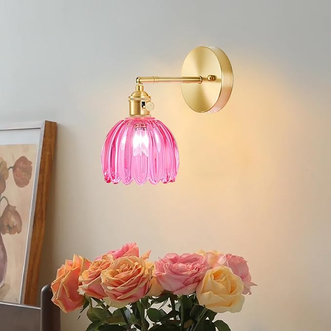 Hardwired Wall Sconce Light, Vintage Wall Sconce with Switch, Gold Wall Light Fixture with Tulip Ruby Red Glass Lampshade, Indoor Wall Light for Bedroom Bathroom, Bedside Wall Lamp
