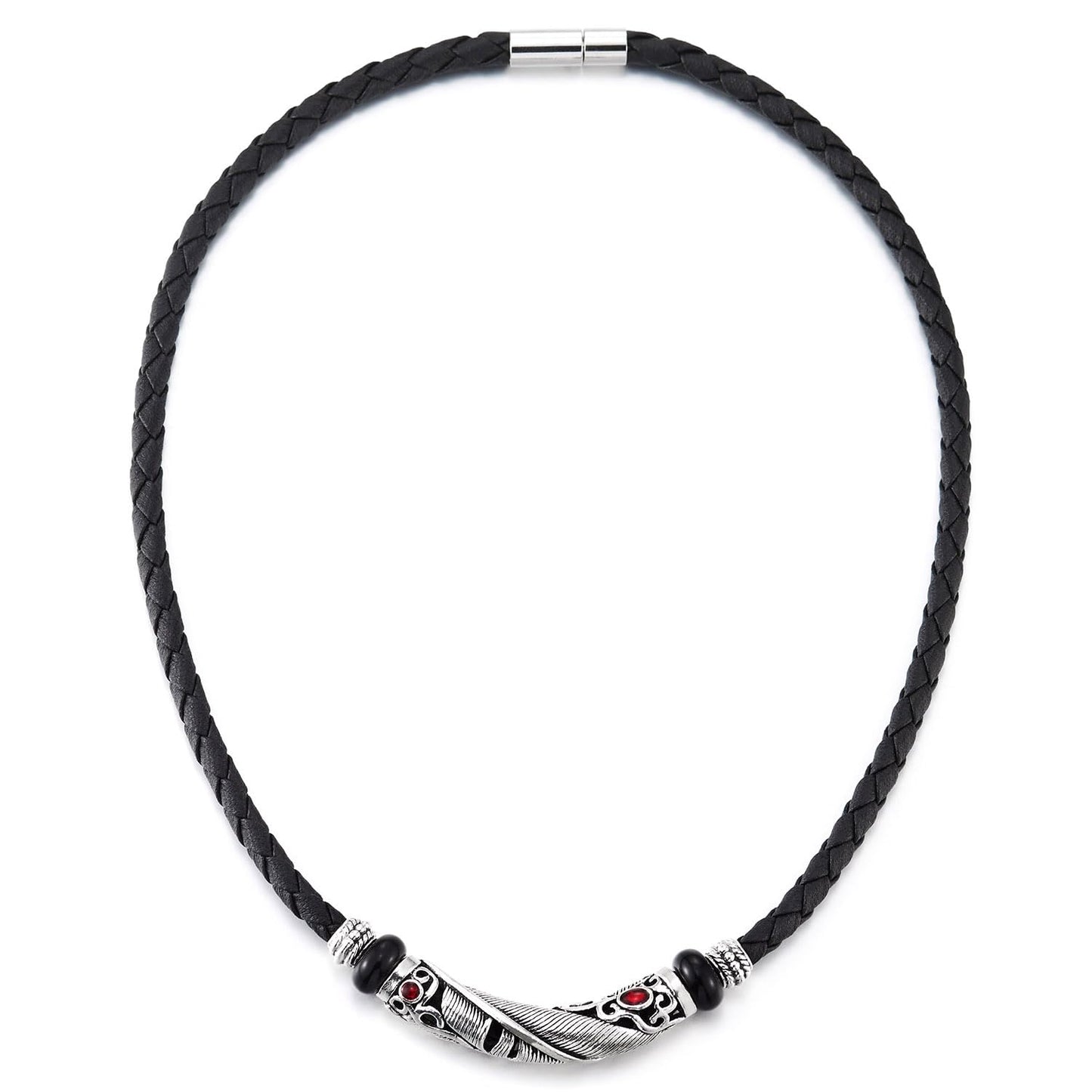 COOLSTEELANDBEYOND Black Braided Leather Necklace with Feather Pendant and Red Gem, Tribal Vintage, Mens Women