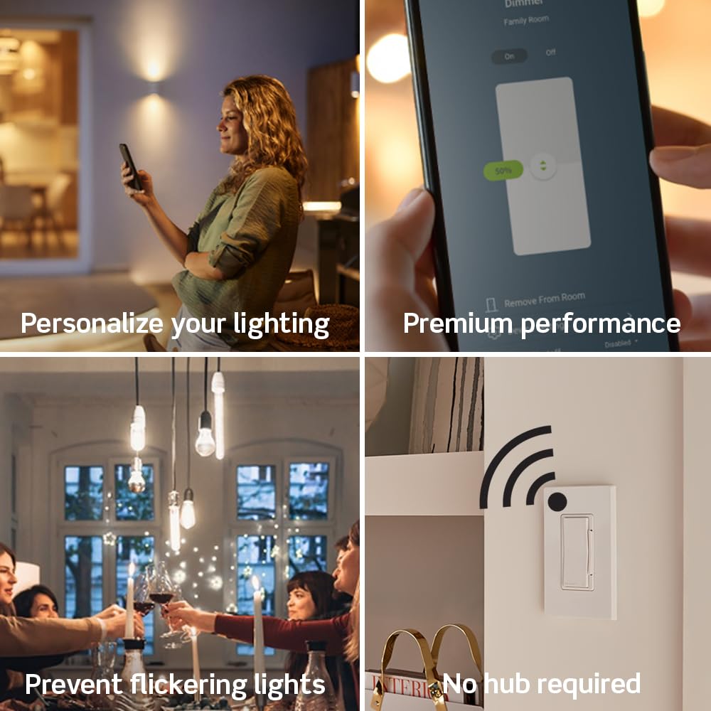 Leviton Decora Smart Dimmer Switch, Wi-Fi 2nd Gen, Neutral Wire Required, Works with Matter, My Leviton, Alexa, Google Assistant, Apple Home/Siri & Wired or Wire-Free 3-Way, D26HD-1RW, White
