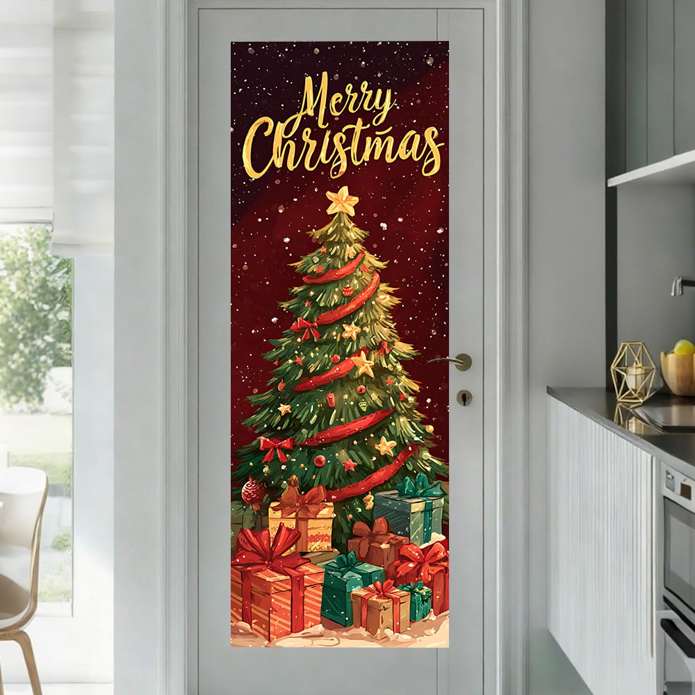 WDESYADMS 1PC Christmas Tree Door Sticker 30.3x78.7 Inch Self Adhesive PVC Peel and Stick Holiday Door Mural with Gift Boxes for Home Living Room Office Entrance Wall Art Decoration