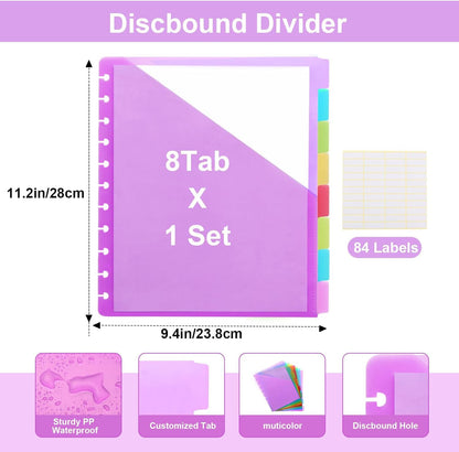 11 -Discbound Pocket Divider with 8 Tabs,1 Set Letter Size Tul Notbook Divider Folder Dis Planner Inserts for for Document Discbound System, Office Home School（8PCS