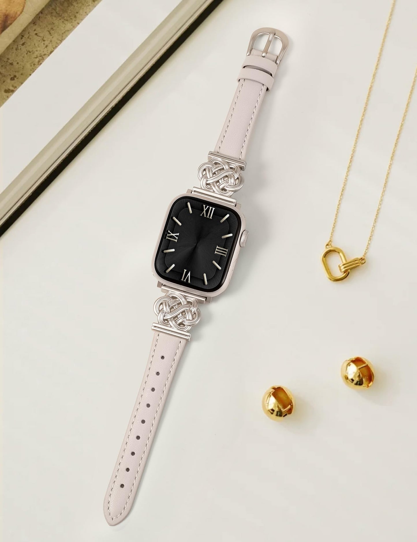 Minyee Celtic Knot Leather Band Compatible with Apple Watch Band 38/40/41/42mm Women, Slim Thin Dressy Premium Leather Interlock Buckle Strap for iWatch Series 11 10 9 Ultra SE 8 7 6 5 4 3,Starlight