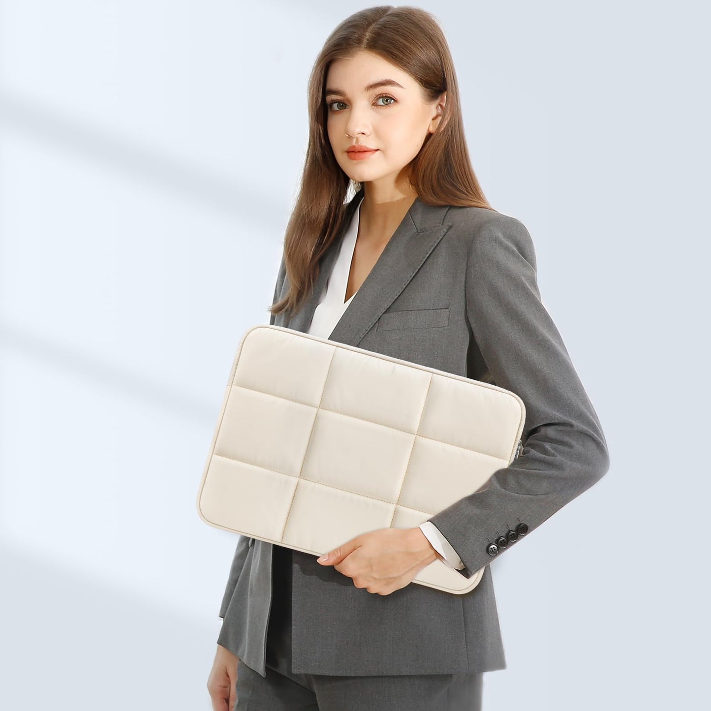 MOSISO Laptop Case 13.3 inch, 13-13.3 inch Puffy Laptop Sleeve Compatible with MacBook Air 13 13.6/Pro 13/Pro 14, HP Dell ASUS Lenovo, Rectangle Quilted Puffer Computer Bag for Women, Sand
