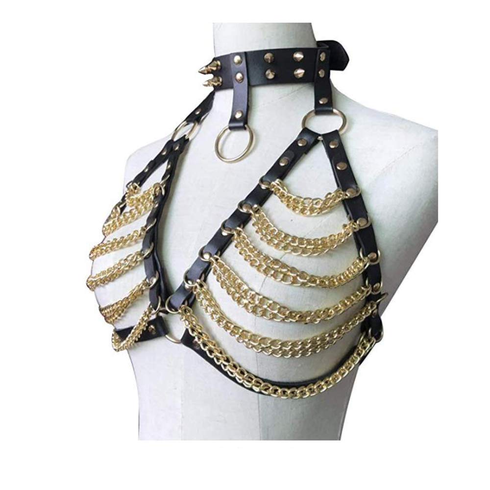 Women Sexy Gothic Leather Harness Bra Punk Waist Belt Body Chain (Golden)
