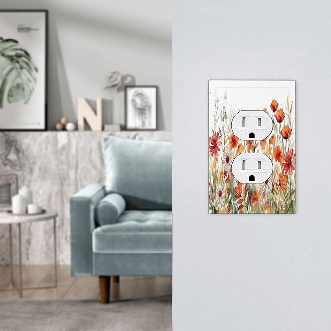 Watercolor Wild Flower Floral 1 Gang Single Duplex Light Switch Plate Outlet Cover Decorative Wall Plate Switchplate Electrical Faceplate for Nursery Bedroom Bathroom Decor