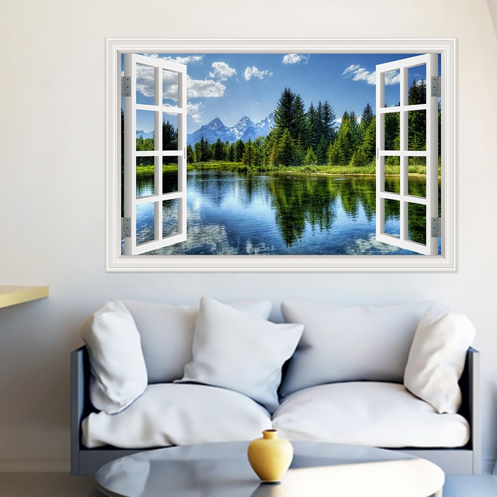 Removable 3D Window View Wall Decals, Nature Mountain Forest Lake Scenery Vinyl Sticker Peel & Stick Wall Decor Stickers for Living Room Bedroom Dorm Bathroom Wallpaper - Christmas Gifts - 32"x48"