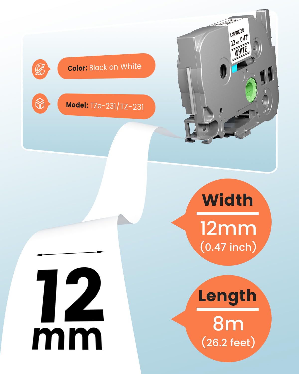 TZe TZ Tape 12mm 0.47 Laminated White, Replacement for Brother Label Maker Tape Refills P Touch TZe-231 TZe231, Compatible with Brother Ptouch PT-D210 D220 H110 D400 D410 D600 D610BT, 5-Pack